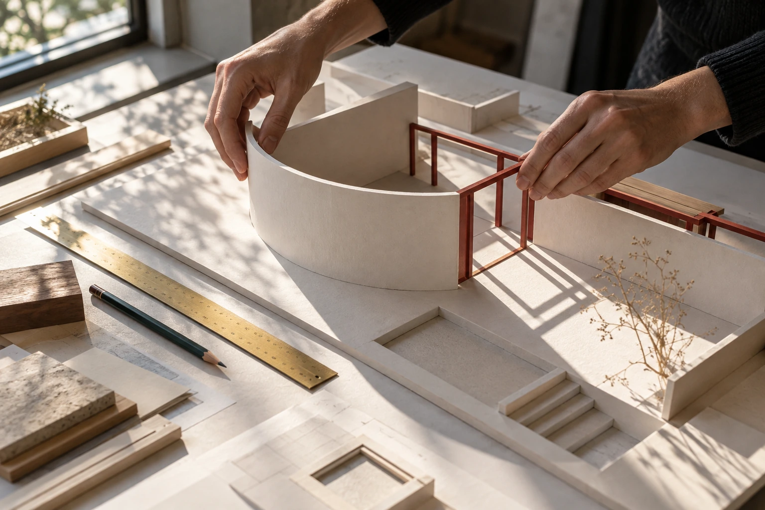 An original close detail of a spatial model and its materials