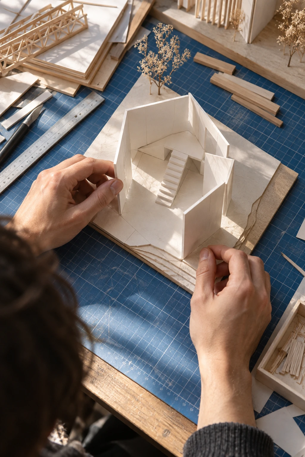 Hands assembling a white-card pavilion on a blue cutting mat