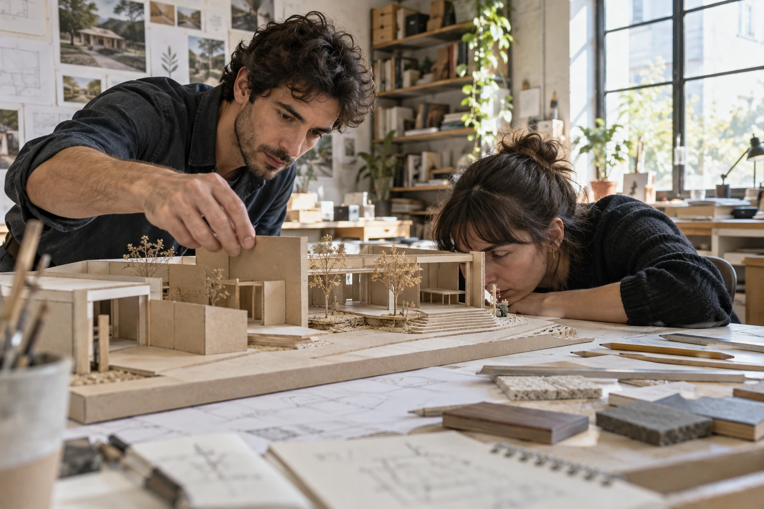 Two designers moving a model wall and checking the view at eye level