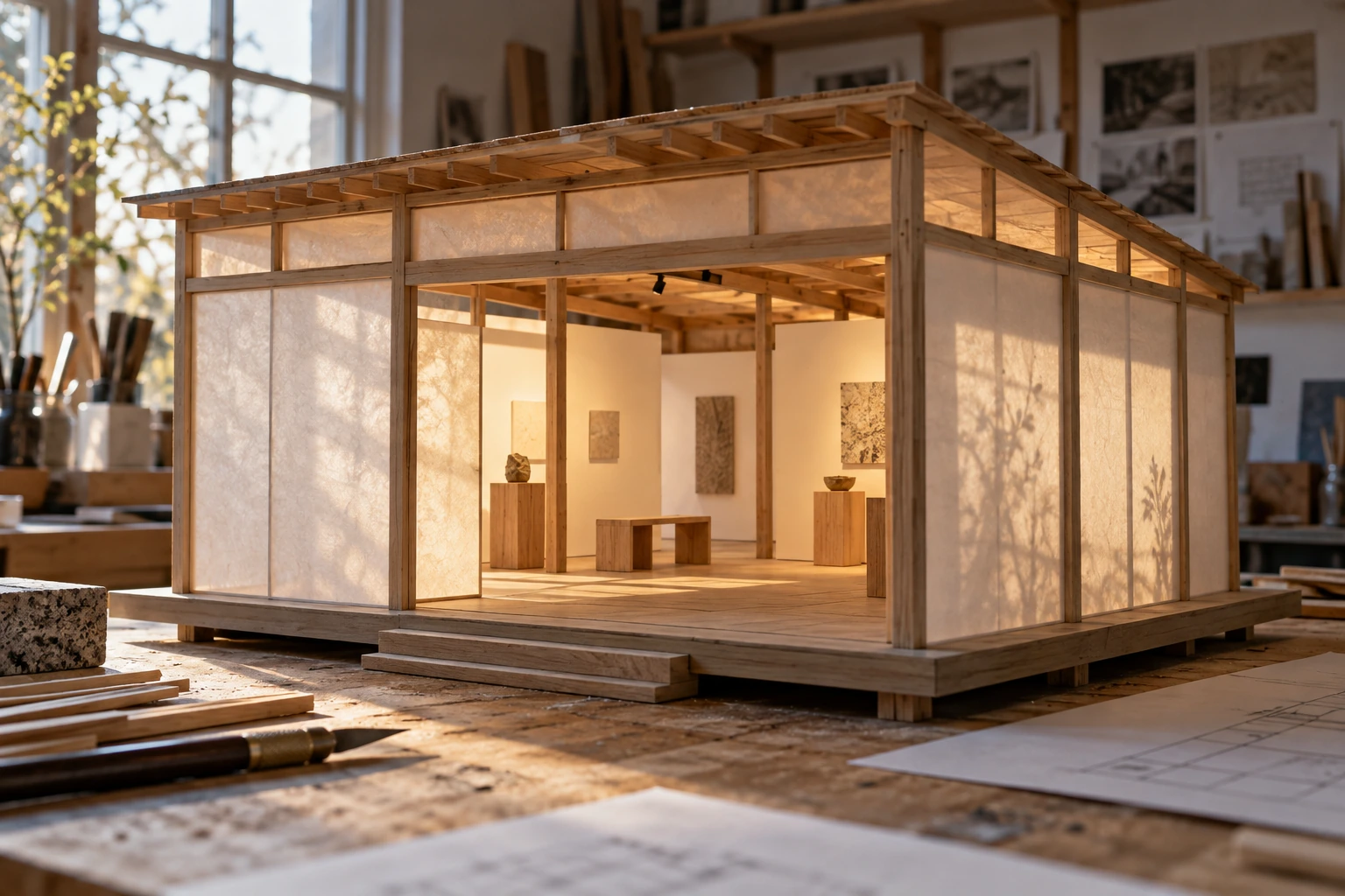 A timber-framed study model with translucent paper walls