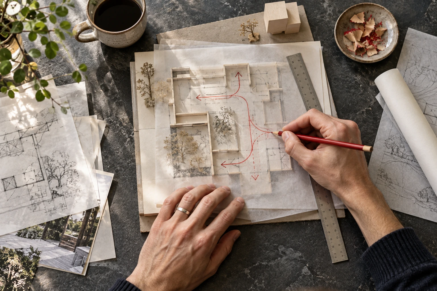 Hands tracing circulation arrows over a model plan