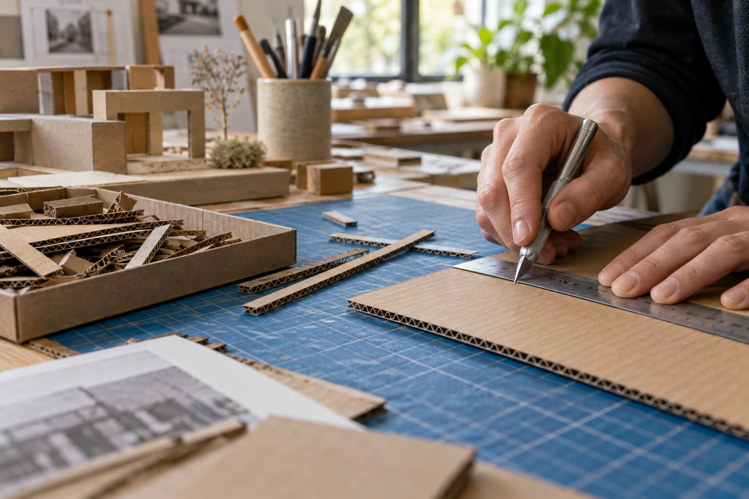 Hands cutting card on a blue mat with a metal ruler
