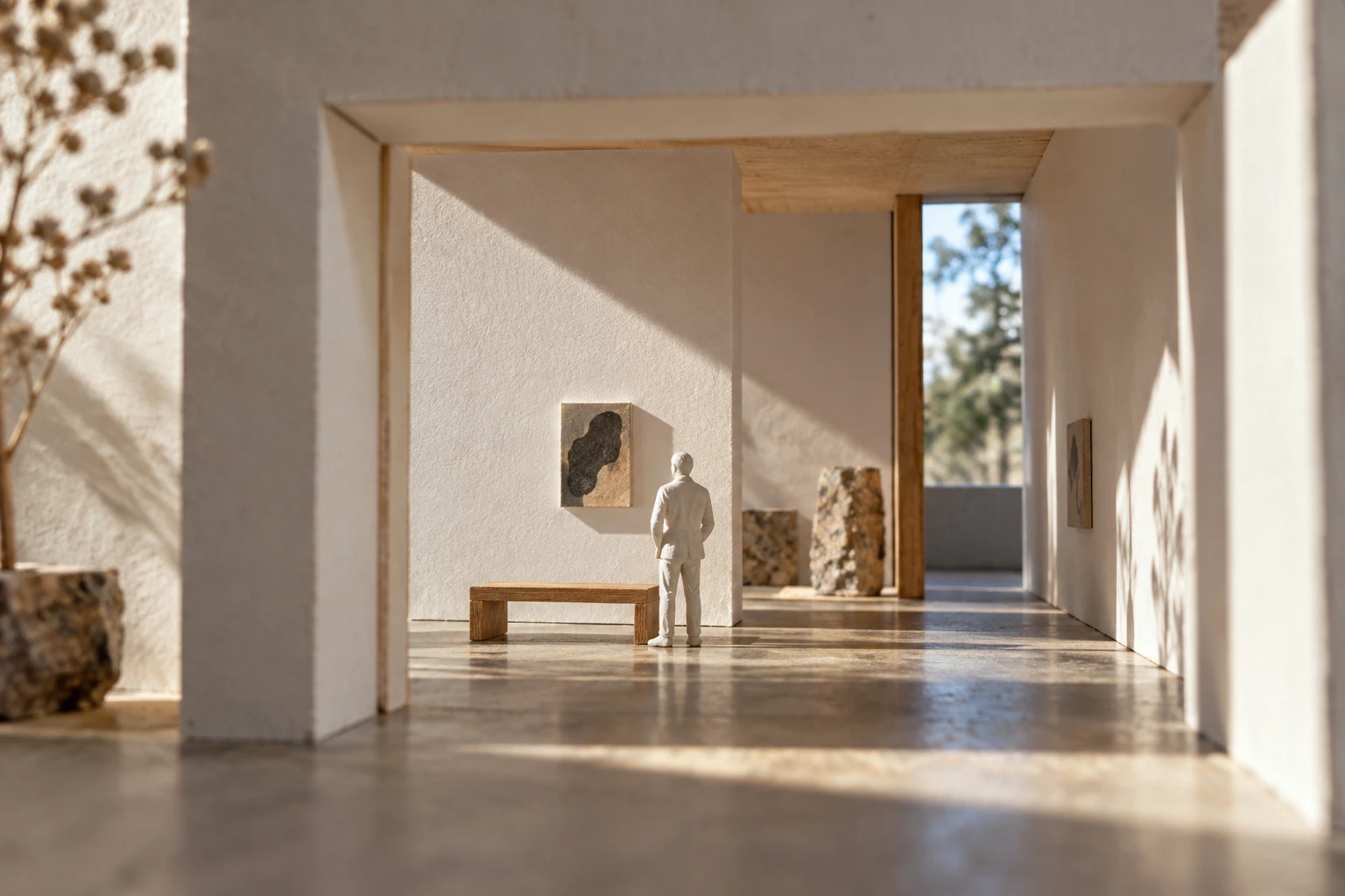 An eye-level view through the entrance of a white-card exhibition model