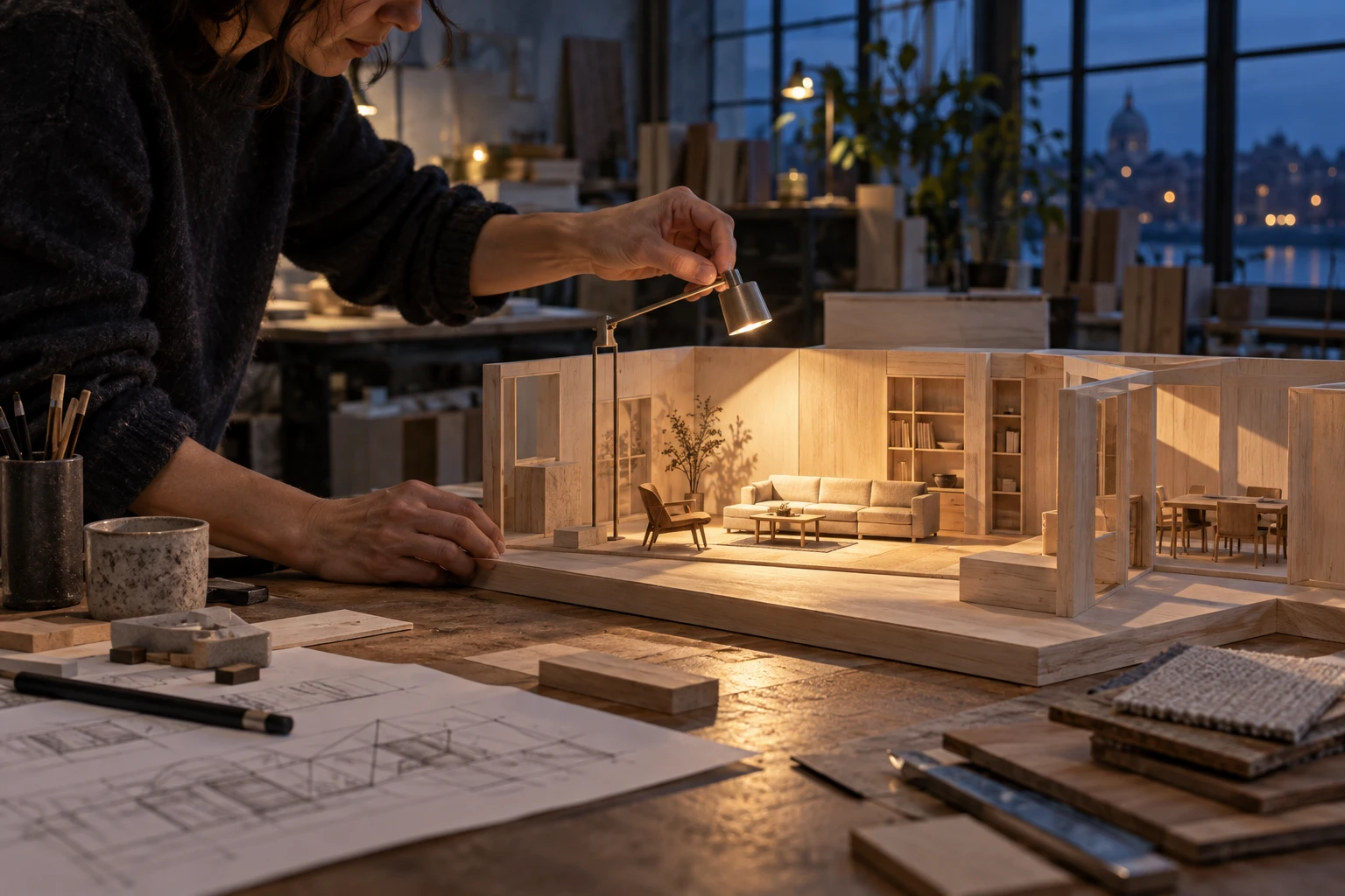 Designer testing a lamp over a basswood room model