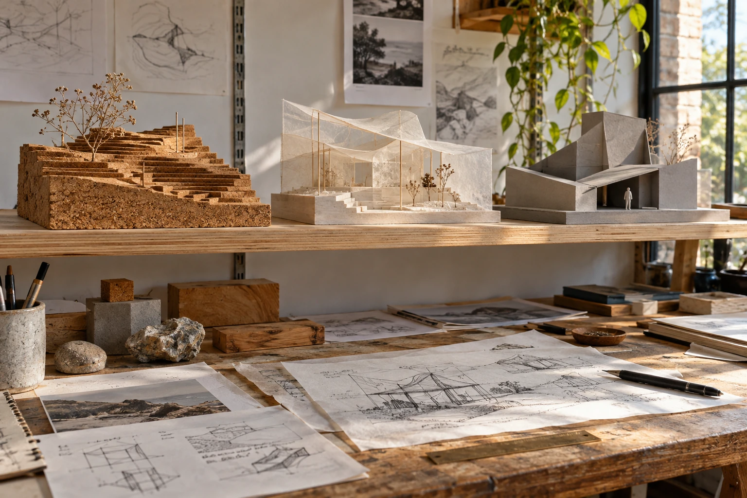 Three different physical study models on workshop shelves